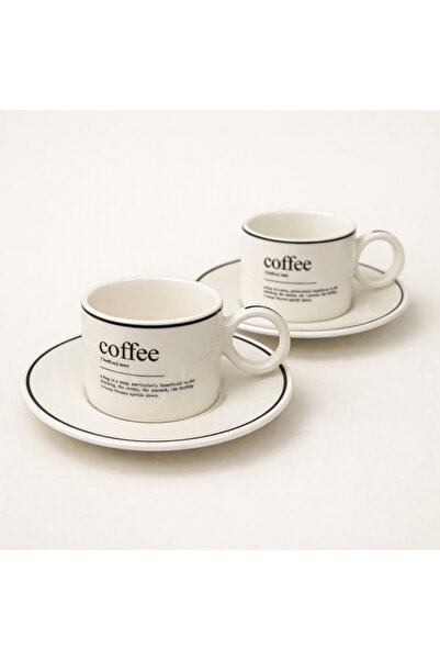 Karma Home Minimal Black Striped Porcelain Coffee Cup Set – Lettering Design 2-Piece Cup & Saucer Set