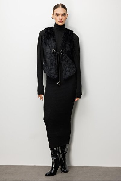 Moda İlgi Modailgi Çizgili Kısa Peluş Yelek Siyah