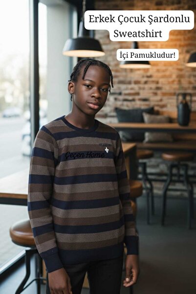 ÇEÇEN HOME Hanorac pentru băiat guler rotund cu dungi, cu textura moale, căpt...