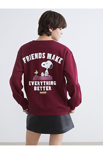 LC Waikiki Bordo Snoopy Printed Oversized Women's Thick Sweatshirt