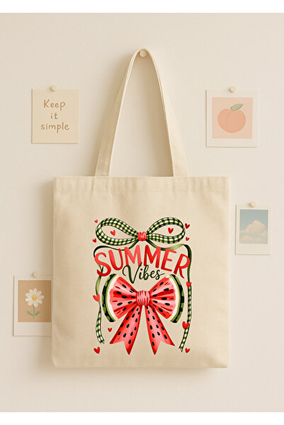 Maki Craft Summer Vibes Karpuz Fiyonk Baskılı Bez Çanta – Renkli Yaz Temalı T...