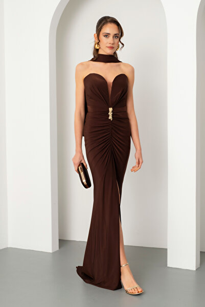 Lafaba Women's Brown Strapless Neck Shawl Detail Slit Long Evening Dress
