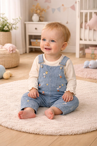 BEBEXO KIDS Renkli Çiçek Nakışlı Kot Görünümlü 2'li Kız Salopet Takım 6-9/9-1...