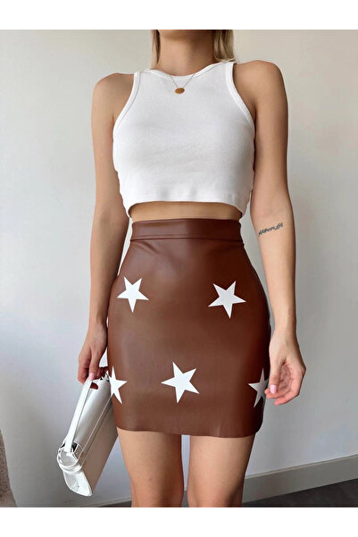 Zerenyus Yıldız Printed Leather Skirt Coffee