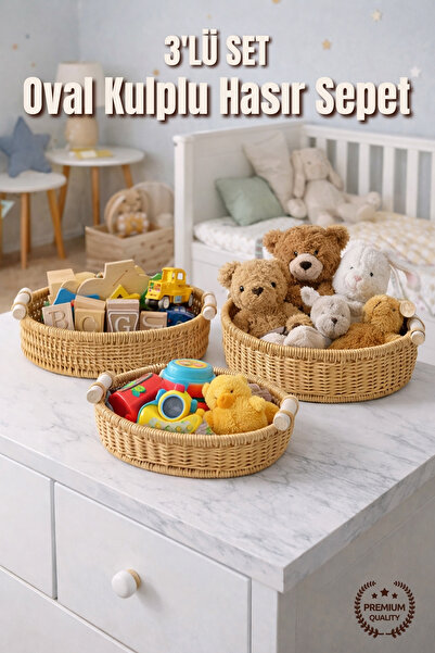 Nandy Home 3'lü Oval Ahşap Kulplu Hasır Sepet Seti - Çok Amaçlı Dekoratif Düz...