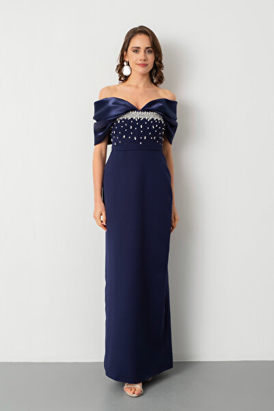 Lafaba Дамска тъмносиня вечерна рокля с камъни по деколтето