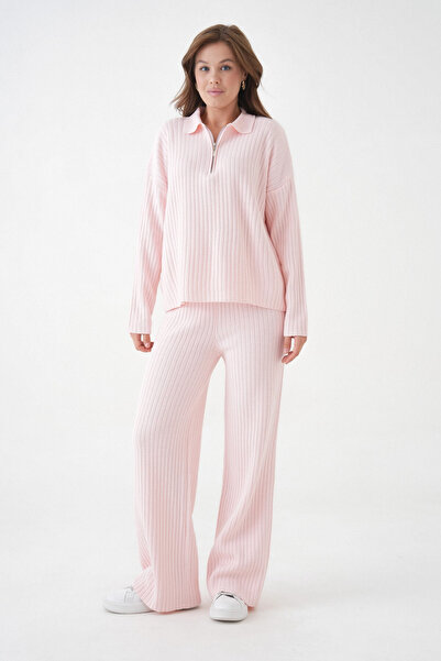 Park Karon طقم سترة وبنطلون تريكو للسيدات بياقة بولو قصة فضفاضة