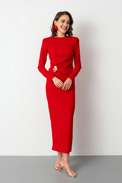 Lafaba Kadın Kırmızı Vatkalı Bel Büzgülü Midi Elbise