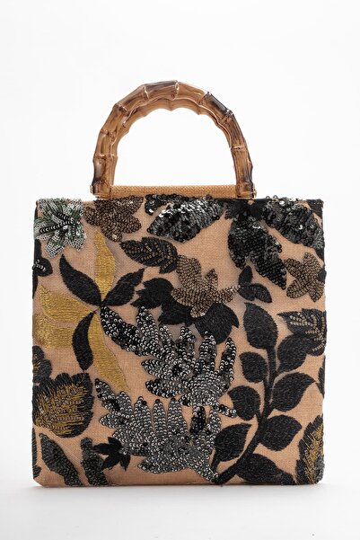 Lizy Shoes Geantă de damă cu mâner din bambus și paiete brodate