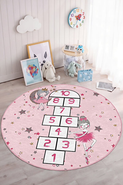 Realhomes Pembe Zemin Üzerinde Dans Eden Kız Temalı Yıkanabilir Yuvarlak Çocu...