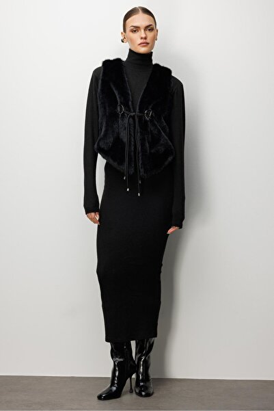 Moda İlgi Modailgi Düz Kısa Peluş Yelek Siyah