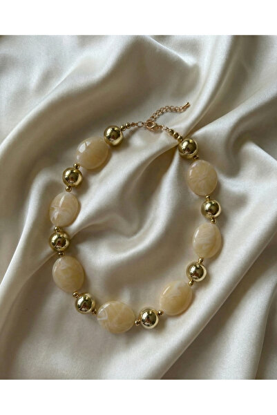 Vina Bag Gold Detailed Marble Look Acrylic Stone Chain Necklace - Lightweight...