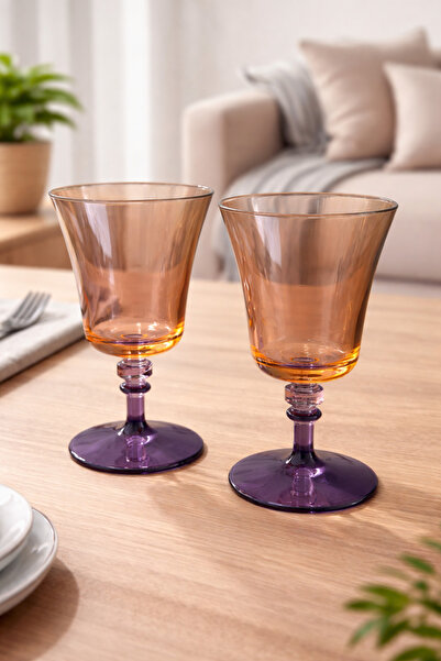 SIGMA GLASS Renkli Ayaklı Cam Kadeh Bardak Seti 2’li – Amber & Mor Tonlu | Şı...