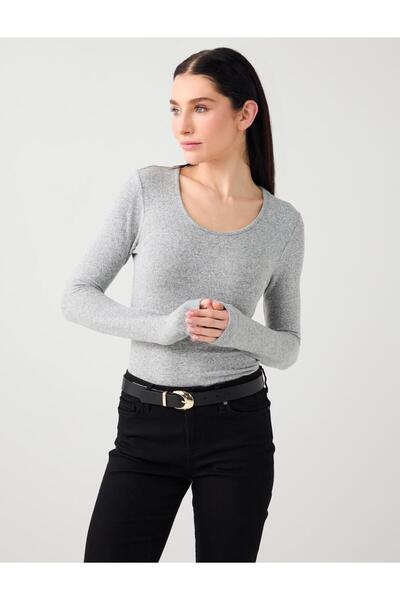 Jimmy Key Gray Melange Slim Fit U-Neck Soft Textured Knitted Blouse