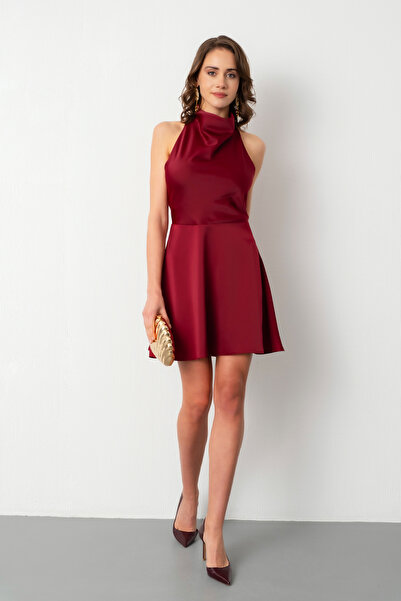 Lafaba Kadın Bordo Sırt Dekolteli Mini Saten Mezuniyet Abiye Elbise