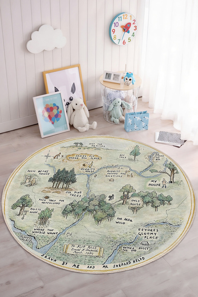 Realhomes Çocuk Odası için Harita Desenli Yıkanabilir Yuvarlak Kaymaz Taban Halı