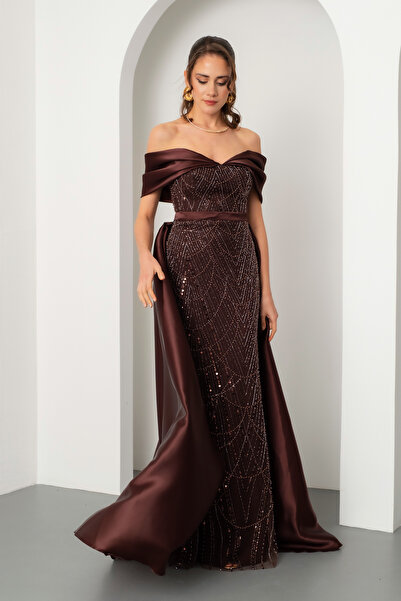 Lafaba Дамска кафява рокля с дълго деколте и дълъг подол
