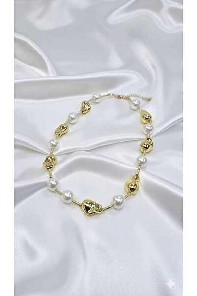 MODAMUGO Kadın Özel Tasarım Gold Şekilli ve İncili Şıklık Kolyesi