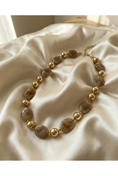 Vina Bag Gold Detailed Marble Look Acrylic Stone Chain Necklace - Lightweight...