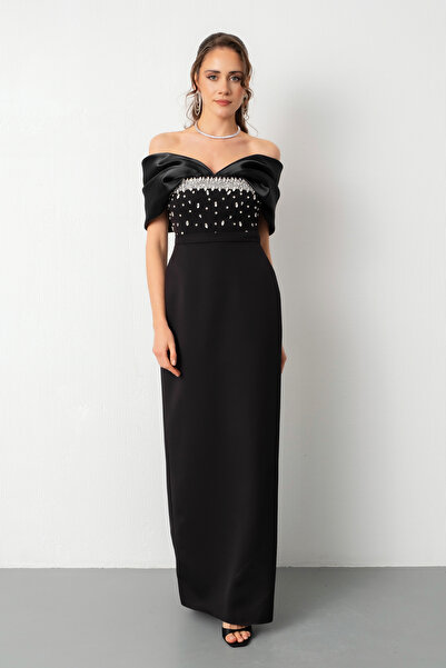 Lafaba Kadın Siyah Kayık Yaka Göğsü Taşlı Uzun Abiye Elbise