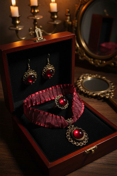 Utku Kuyumculuk 925 AYAR ÖZEL TASARIM ANTİK GÜMÜŞ LAL TAŞLI VALİDE SULTAN SETİ