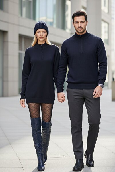 Kübra Tekstil Men's Long Sleeve Navy Blue Winter Mock Neck Half Zip Top-Men's...