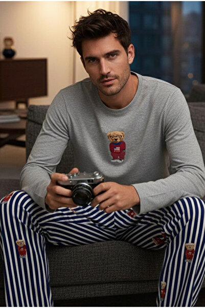 Siyah İnci gri melanj Ayıcık Baskılı Çizgi Desenli Uzun Kollu Örme Erkek Pijama Takım 7959