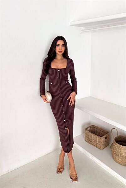 Neşeli Butik Women's Striped Pattern Square Collar Midi Length Button Detailed Dress Nbk069