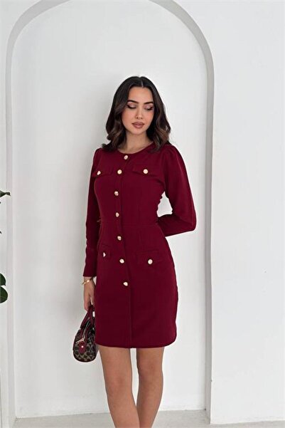 Neşeli Butik Women Gold Button Detail Long Sleeve Mini Dress Nbk4388