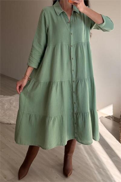 Neşeli Butik Women's Mint Green Cotton Muslin Fabric Button Half Sleeve Dress Nm028
