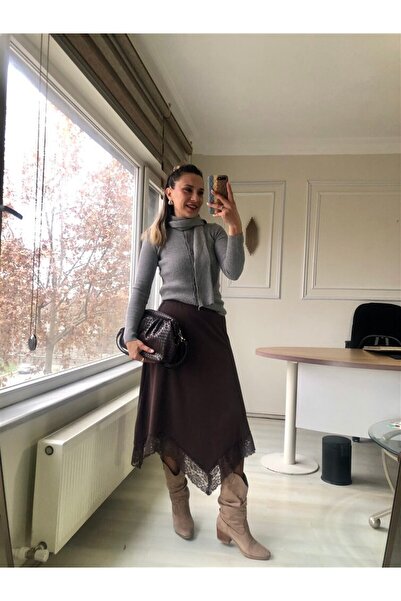 Gözde Tasarım Butik Women's Brown Asymmetric Cut Lace-Detail Thick Modal Combed Cotton Flawless Midi-Length Skirt