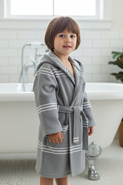 CESSTORE Premium Children's Unisex Bathrobe, Soft Textured 100% Cotton Hooded , Gray
