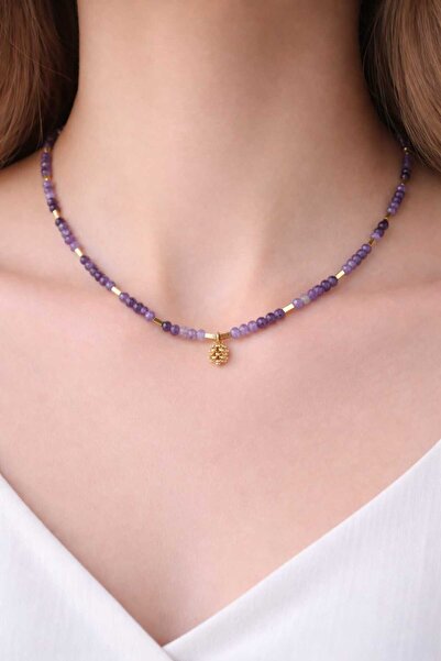 Feyz Tasarım قلادة من الحجر الطبيعي على شكل مخروط من الأميثيست