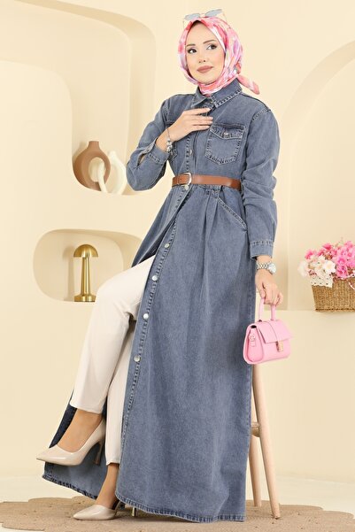 ModaMerve Deri Kemerli Kot Elbise 6136ORG1169-MS Açık Kot