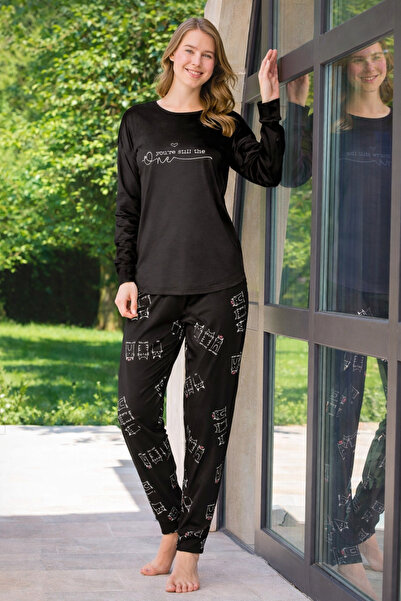 Tusebu Women's Black Long Sleeve Letter Top + Cat Print Pajama Set