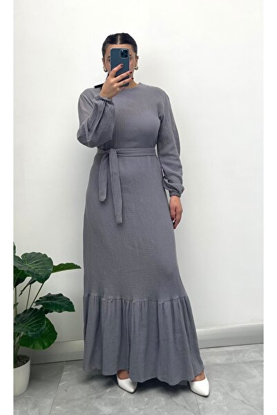 NİSUM MODA Muslin Fabric Belted Long Dress