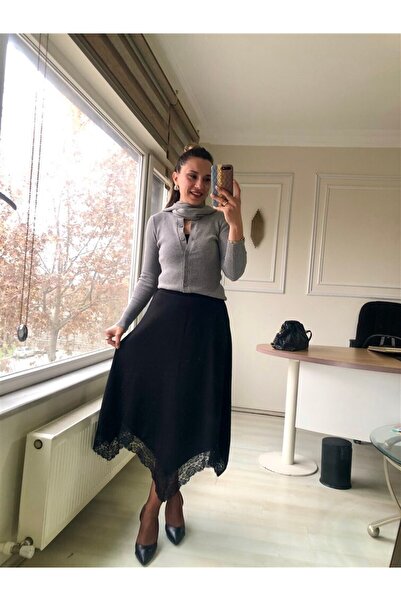 Gözde Tasarım Butik Women's Brown Asymmetric Cut Lace-Detail Thick Modal Combed Cotton Flawless Midi-Length Skirt