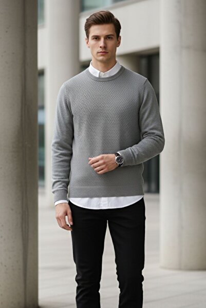 Kübra Tekstil Men's Grey Crew Neck Long Sleeve Soft Textured Knit Sweater - Men's Sweater