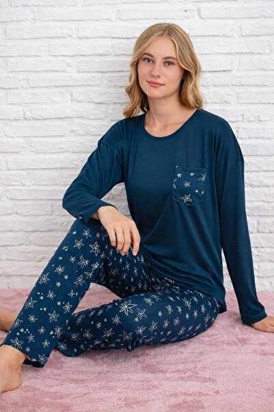Tusebu Women's Navy Blue Long Sleeve Pocket Detailed Star Patterned Pajama Set