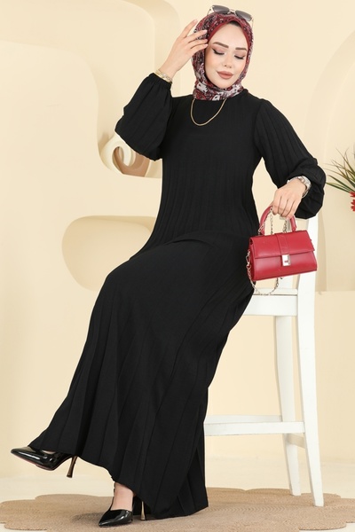 ModaMerve Pilise Detay Kemerli Elbise 2340MSZ1172-MS Siyah