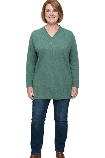 SEFER Kadın Anne Bluzu V Yaka Triko Uzun Kollu Rahat Kalıp Klasik Günlük Bluz