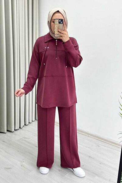 T Moda Store Tripen Gömlek Yaka Premium Kumaş Yarım Fermuar Detaylı Kadın İkili Takım