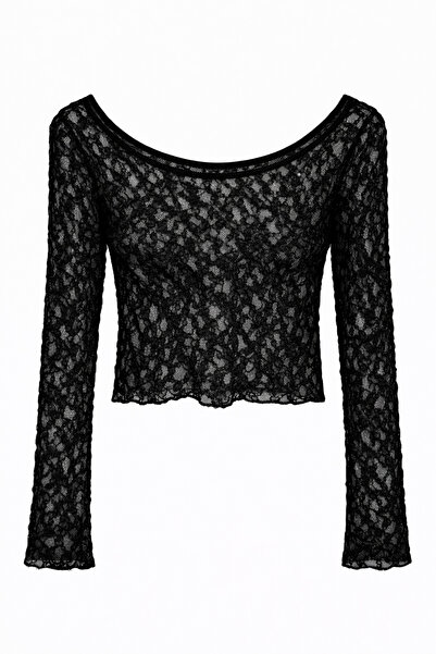 Mixray 2036 women's long sleeve lace see-through blouse black