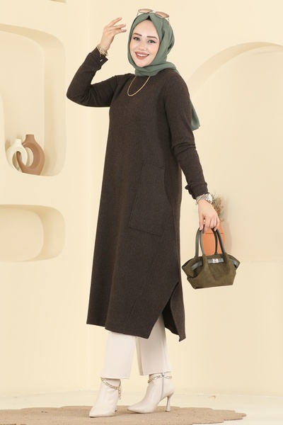 ModaMerve Geniş Cepli Balıksırtı Tunik 24009UKB139-MS Kahve