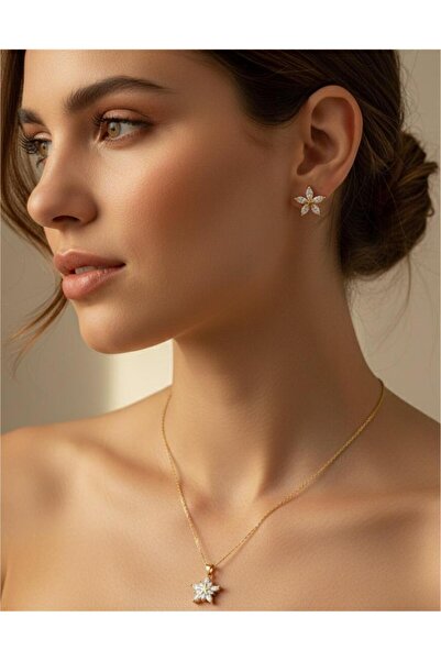 staınless steel Kadın Paslanmaz Çelik Zirkon Taşlı Kamelya Çiçeği Kolye Küpe Set - Zarif Şık Tasarım