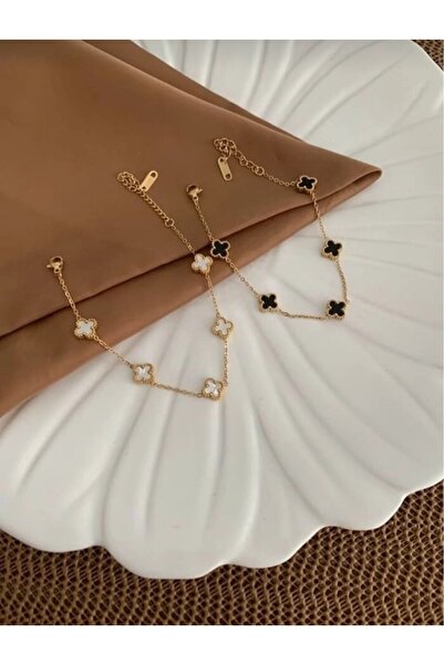 GUNESTAKI Gold Siyah Beyaz İkili Çelik Bileklik Seti Çift Bilekliği