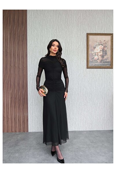 ESRAHELVACI Neck Waist Gathered Chiffon Long Dress