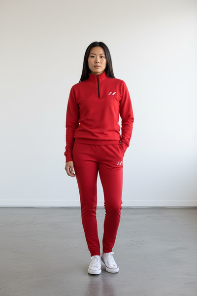 Piyera Women's Red Two Thread Di Mock Neck Ermuarlı Tracksuit Set - 76488