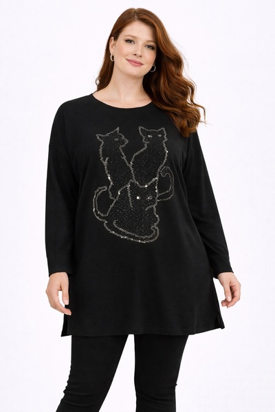 Şans Γυναικείο μεγάλο μέγεθος μαύρο, πέτρινο τουνίκ με χαμηλό μανίκι με φιγούρα γάτας 65N39286