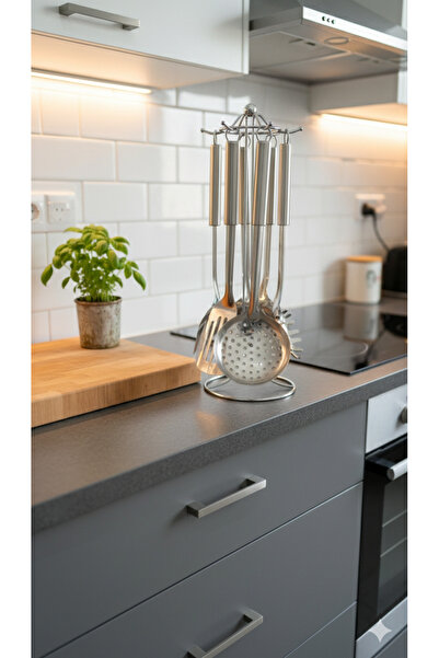 AAA 7 Parça Çelik Kepçe Kevgir Spatula Seti - Tezgâh Üstü Standlı